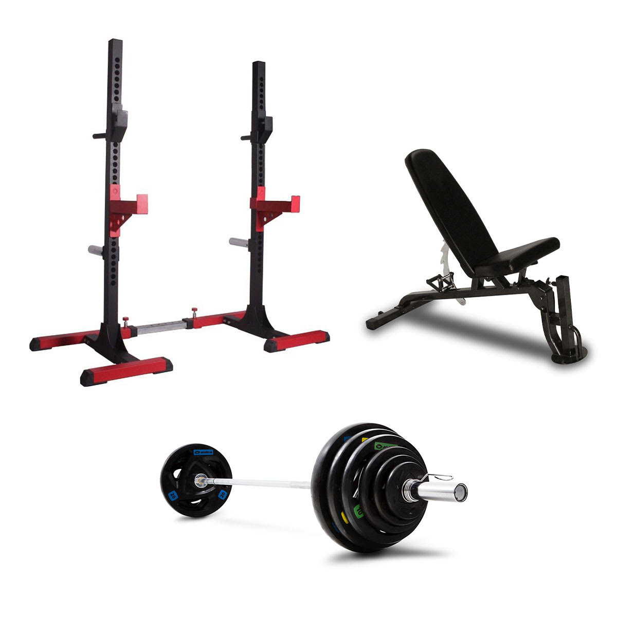 Träningspaket med skivstångsställning, justerbar bänk och 140 kg viktpaket
